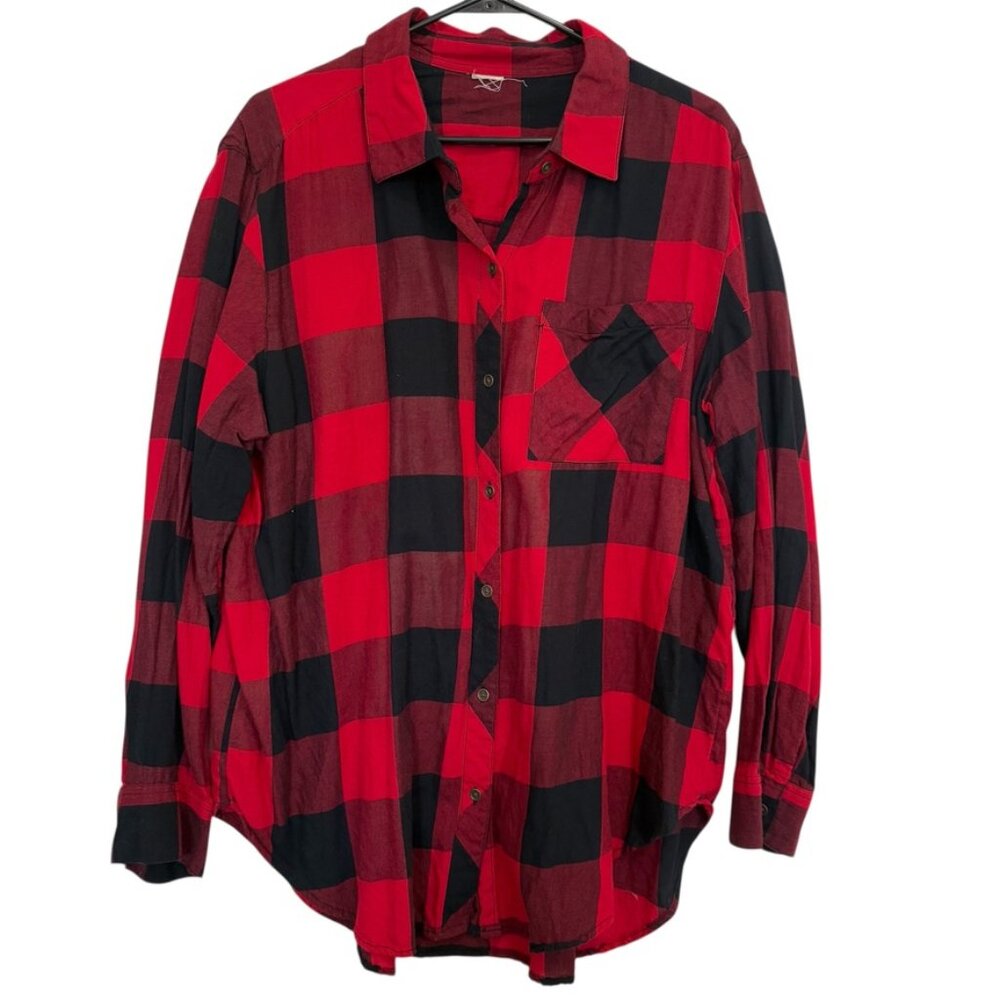 Women Buffalo Plaid Button Up Boyfriend Shirt XXL Red Black Oversized Lumberjack